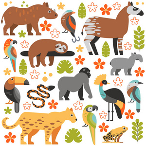 平面风格的插图与巨嘴鸟树懒，奥卡皮美洲虎和其他类型的热带动物。 带花和叶子的热带动物的矢量集。