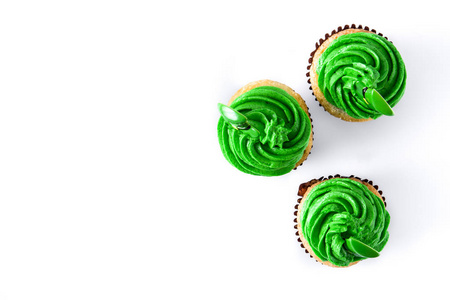 s Day cupcakes isolated on white background. Top view. Copyspace