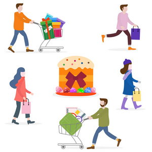 矢量插图与人们去购物携带购物。 复活节蛋糕鸡蛋。 大销售和购物理念。 横幅海报或打印的设计。