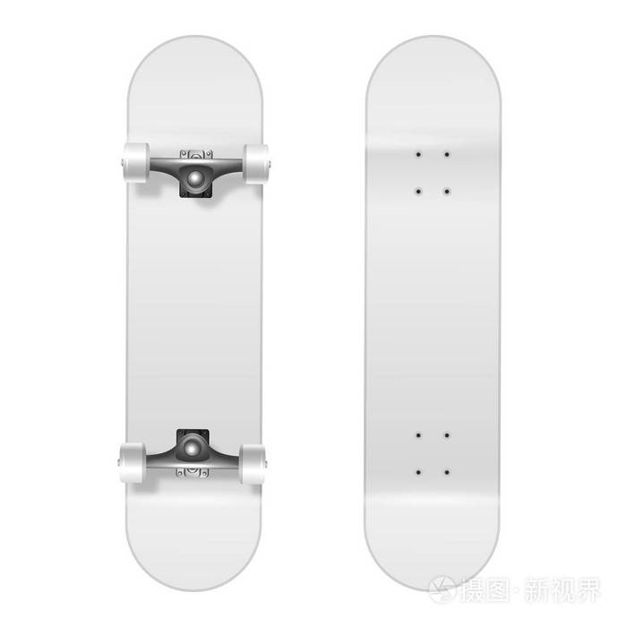 滑板。矢量逼真的3d 白色空白滑板图标设置特写镜头隔离在白色背景。设计滑板模板显示顶部和底部的模拟。顶视图