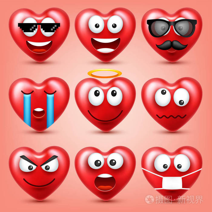 有趣的红色脸与表情和情绪.爱情符号