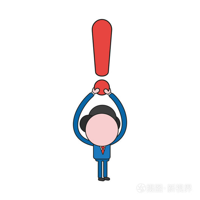 矢量插图商人字符举起感叹号. 颜色和黑色轮廓.