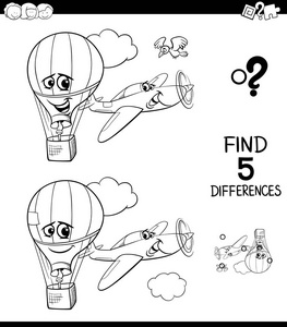 黑白卡通插图为儿童提供平面和热气球着色书的图片教育游戏发现五个不同之处