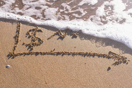 在海沙上写的美元符号和生长图。被冲走的波浪