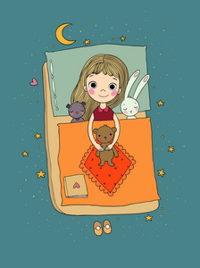 婴儿在床上与玩具.睡觉时间矢量卡通装饰枕头. 手绘一套装饰枕头.