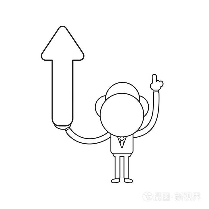 插画 矢量插图商人字符指向和手持箭头向上移动.黑色轮廓.eps