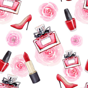 s shoes, lipstick, perfume, flowers and nail polish. Isolated on
