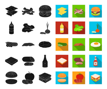 汉堡和配料黑色, 平面图标集合为设计。汉堡烹饪矢量符号股票网页插图