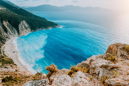 myrtos 海滩, 凯法利尼亚岛, 世界上最美丽的海滩和地中海, 希腊, 爱奥尼亚海。一定要看到大自然的奇迹