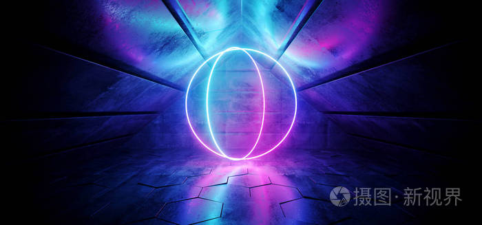 科幻未来现代优雅三角形格朗格反射混凝土隧道霓虹灯发光紫色蓝色圆圈