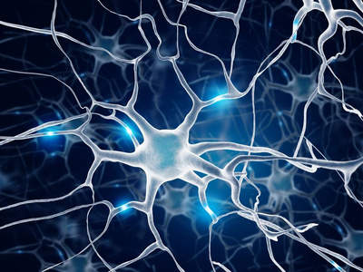 大脑中的神经元。 蓝色。