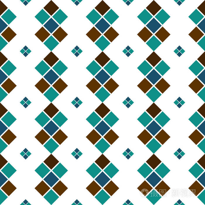 无缝几何复古矢量图案背景设计东方艺术彩色方块钻石棕色蓝色青绿色