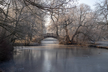 公园里的冰冻池塘，冬天里比锡有浪漫的桥梁，寒冷的天气，蓝天