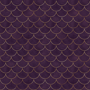 美人鱼鱼鳞波日本豪华五颜六色的无缝图案。 水彩手绘紫色背景与金色线。 水彩鳞片形状的纹理。 纺织壁纸包装印花