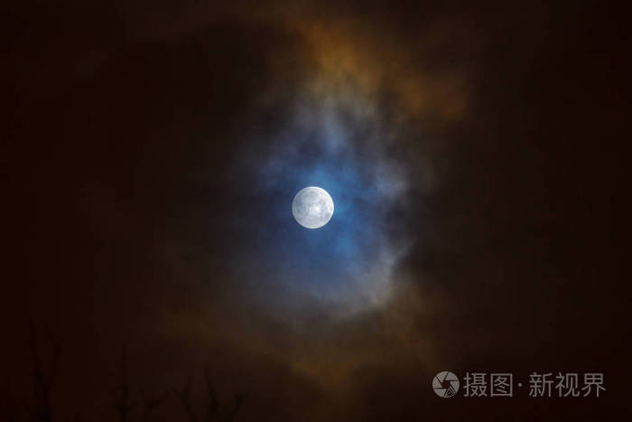 月食在满月。夜空背景下树上的超级蓝色月亮。