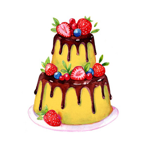 漂亮的卡通蛋糕加上巧克力布丁和草莓。 白色背景水彩插图