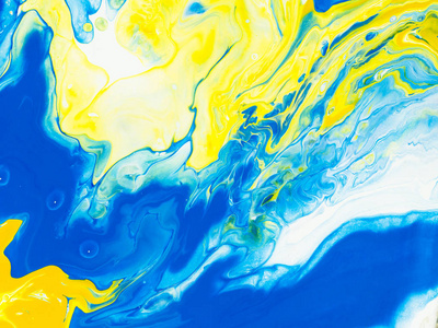蓝色和黄色创意抽象绘画背景片段的绘画壁纸纹理。 现代艺术。 当代艺术。