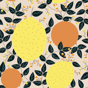 柠檬橙子与叶子和浆果无缝的模式