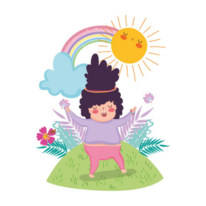有彩虹的小胖女孩在景观矢量插图设计