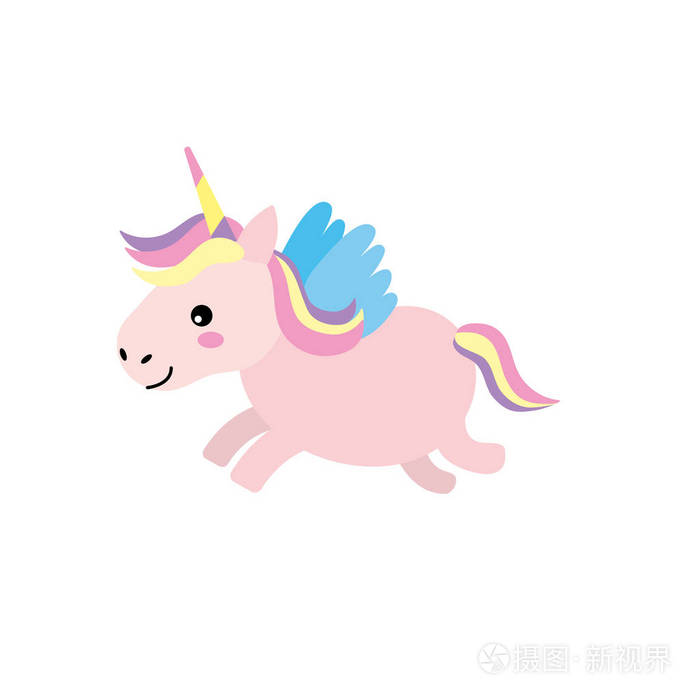 可爱的独角兽与喇叭和翅膀设计vecto插图