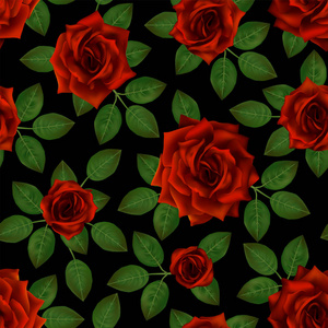 红色玫瑰的无缝图案。 美丽的现实花和叶子。 光实性玫瑰花蕾清洁载体的详细结果。