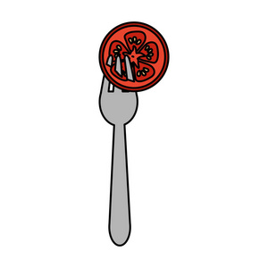 叉子器具中的新鲜切片番茄矢量插图