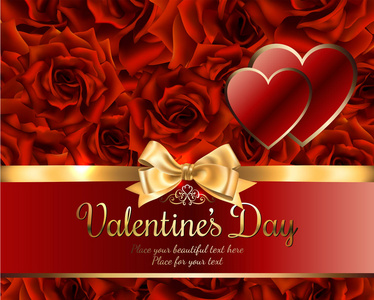情人节或婚礼红玫瑰背景的美丽浪漫贺卡，为您提供带金色丝带的文字和两颗闪亮的心的蝴蝶结