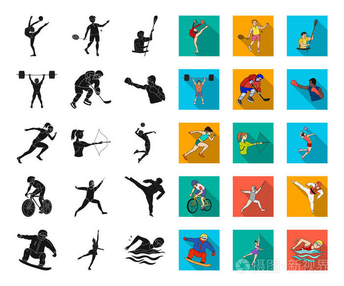 不同种类的运动黑色, 平面图标在集合集合为设计.