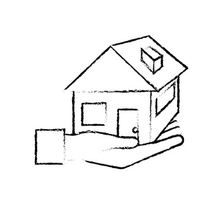图手与房屋建筑设计图标矢量插图