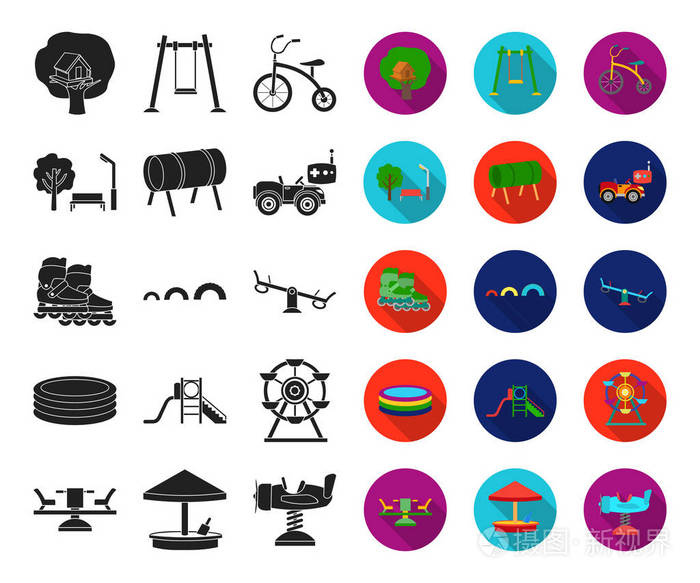 游乐场, 娱乐黑色, 平面图标在集合集合设计.