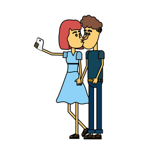 情侣接吻和自拍与智能手机矢量插图。