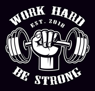 在黑暗背景上挂着哑铃的手的复古徽章复古冲浪标志, 标志, 徽章, 标签