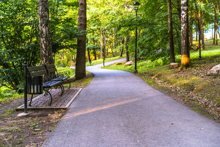 彩色照片的道路在一个公园之间的树林与链栅栏在它的一侧和公园长椅的背景与空间文本阳光，秋天的概念和谐