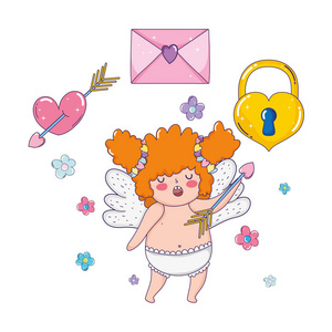 s day greeting card with cute cupid girl. Vector illustration