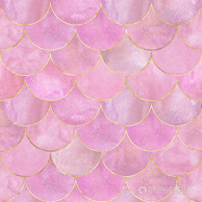 美人鱼鱼鳞波日本豪华五颜六色的无缝图案. 水彩手绘粉彩背景与金线.