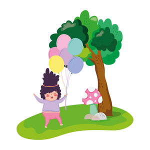 小胖妞带着气球空气在景观矢量插图设计