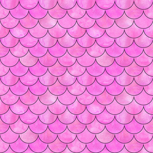 美人鱼鱼鳞波日本魔术无缝图案。 水彩手绘明亮的粉红色背景与黑色轮廓。 水彩鳞片形状的纹理。 纺织壁纸包装印花