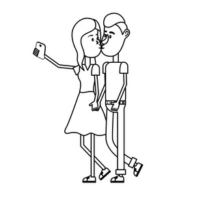 线偶接吻和自拍与智能手机矢量插图。