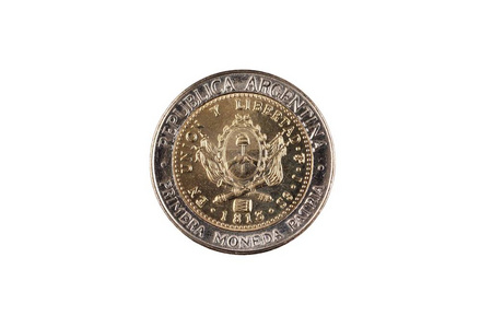 在白色背景白色背景上孤立的双重语言阿根廷人一枚比索硬币的