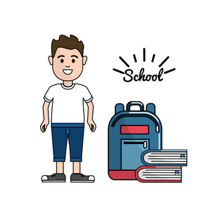 学生带着他的背包和书籍工具，矢量插图设计