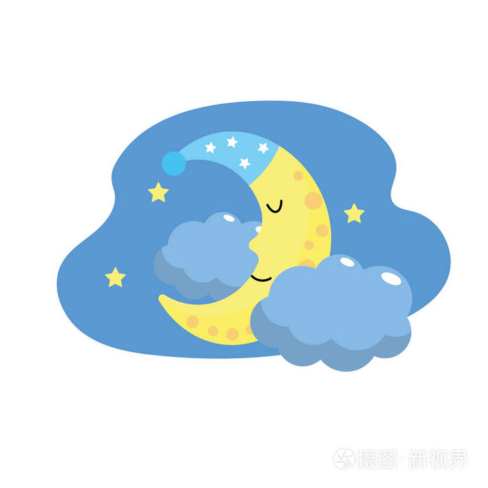 可爱的月亮与睡眠帽设计,云与星星矢量插图