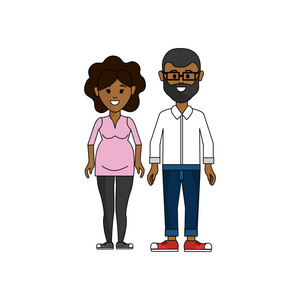 深色皮肤夫妇带眼镜的男人和女人怀孕矢量插图设计