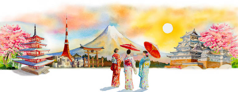 穿着日本传统和服带雨伞的女人.