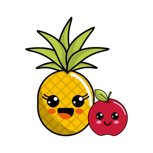 卡瓦伊快乐菠萝和苹果图标矢量插图设计