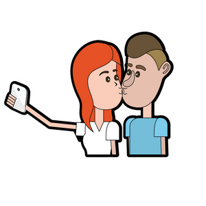 情侣接吻和自拍与智能手机矢量插图。