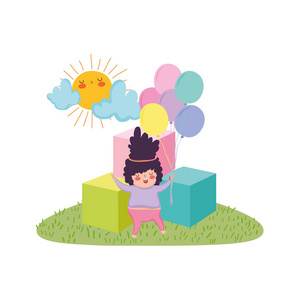 一个胖乎乎的小女孩，带着气球，空气和积木，矢量插图设计