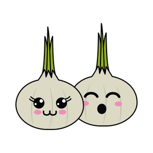 卡瓦伊快乐和有趣的大蒜蔬菜图标矢量插图设计