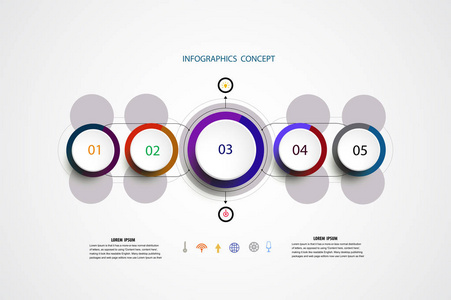 业务概念和图标的信息图形时间线模板。 可用于工作流布局图编号选项升级选项网页设计演示文稿和5个步骤选项。矢量插图。
