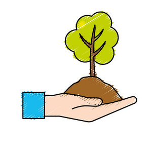 手与自然树和地面图标矢量插图