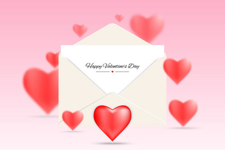 快乐情人节明信片或销售背景红色心形。 情人节庆祝活动的浪漫信件邮件。 爱情季节和二月的假期。 矢量图。